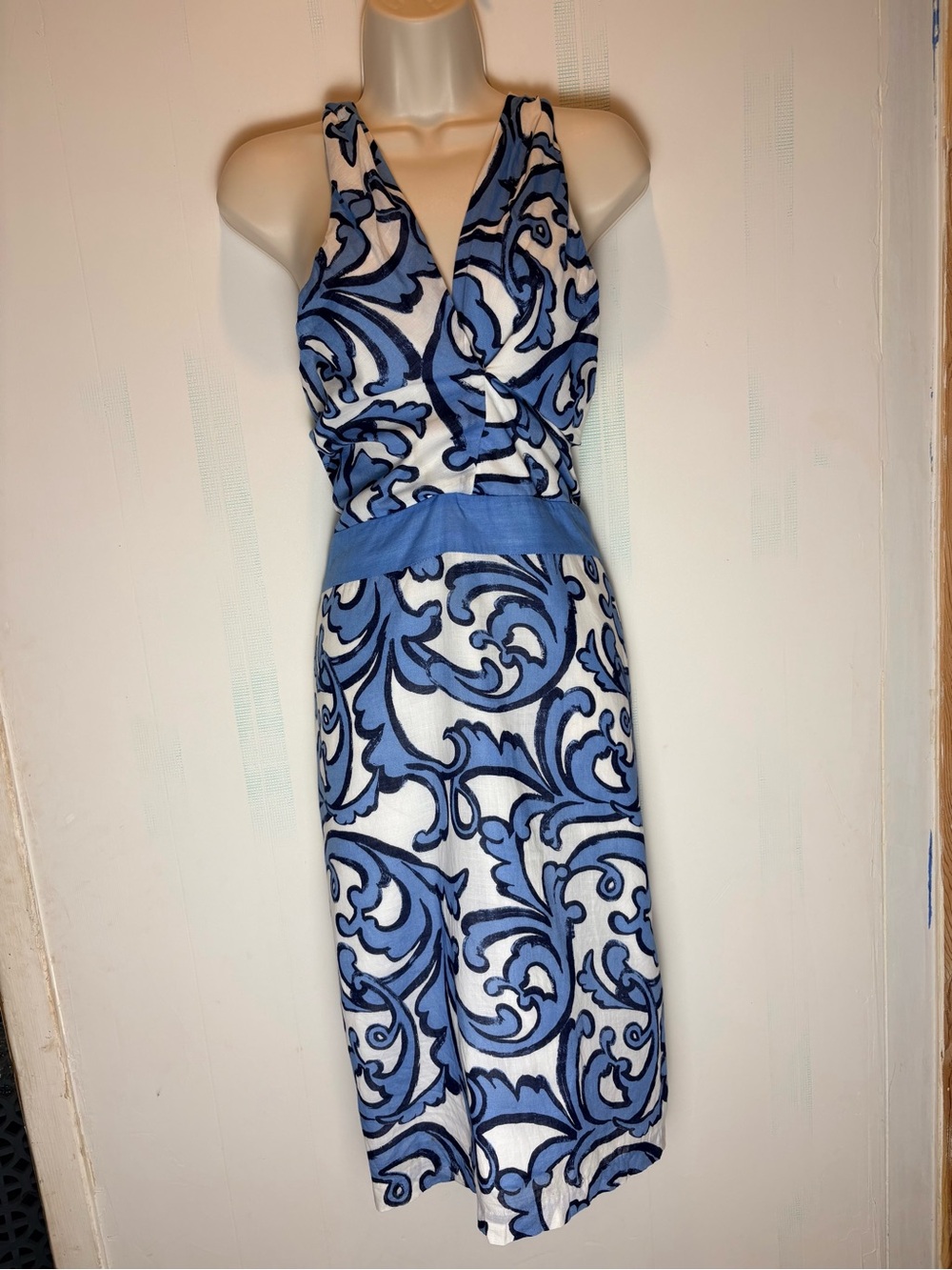 Merona Blue and White Pasley Scroll Print Cotton Midi Dress Womens Plus Size 16